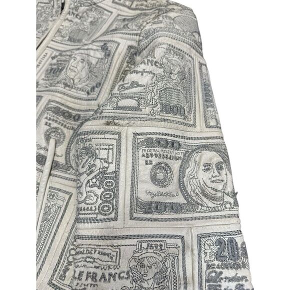 VTG RARE 90s Pelle Moda White Leather Money Print Jacket Sz L Currency $$$ - Picture 6 of 16